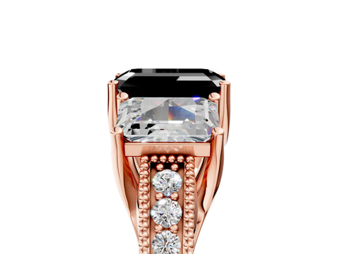 Rose gold Three-Stone Fancy Black Emerald Cut Cut Milgrain Pavé Engagement Ring_29
