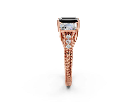 Rose gold Three-Stone Fancy Black Emerald Cut Cut Milgrain Pavé Engagement Ring_2
