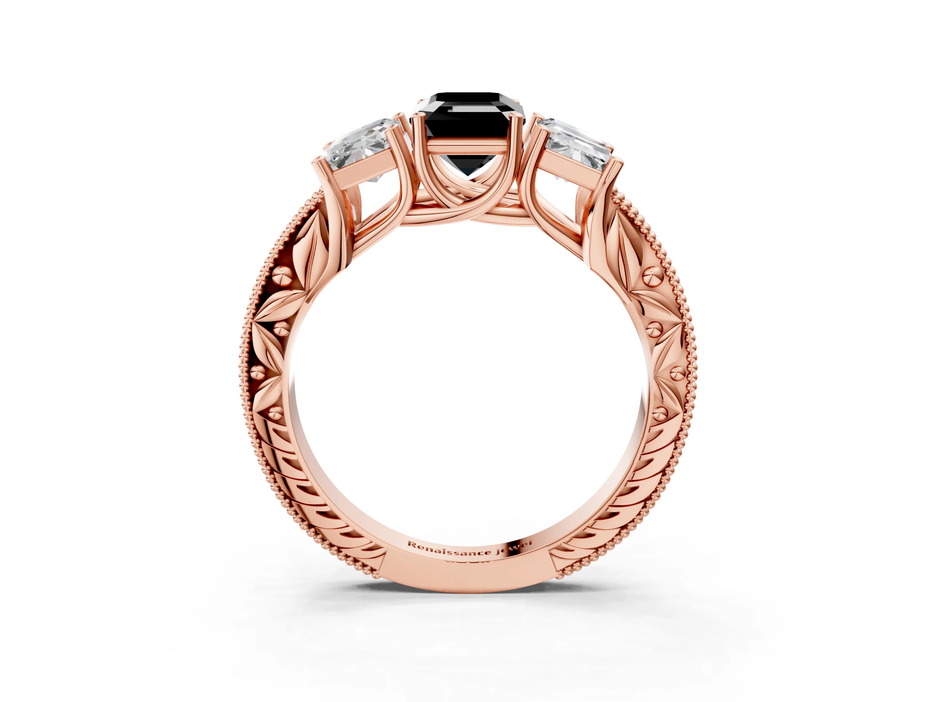 Rose gold Three-Stone Fancy Black Emerald Cut Cut Milgrain Pavé Engagement Ring_3