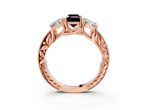 Rose gold Three-Stone Fancy Black Emerald Cut Cut Milgrain Pavé Engagement Ring_3