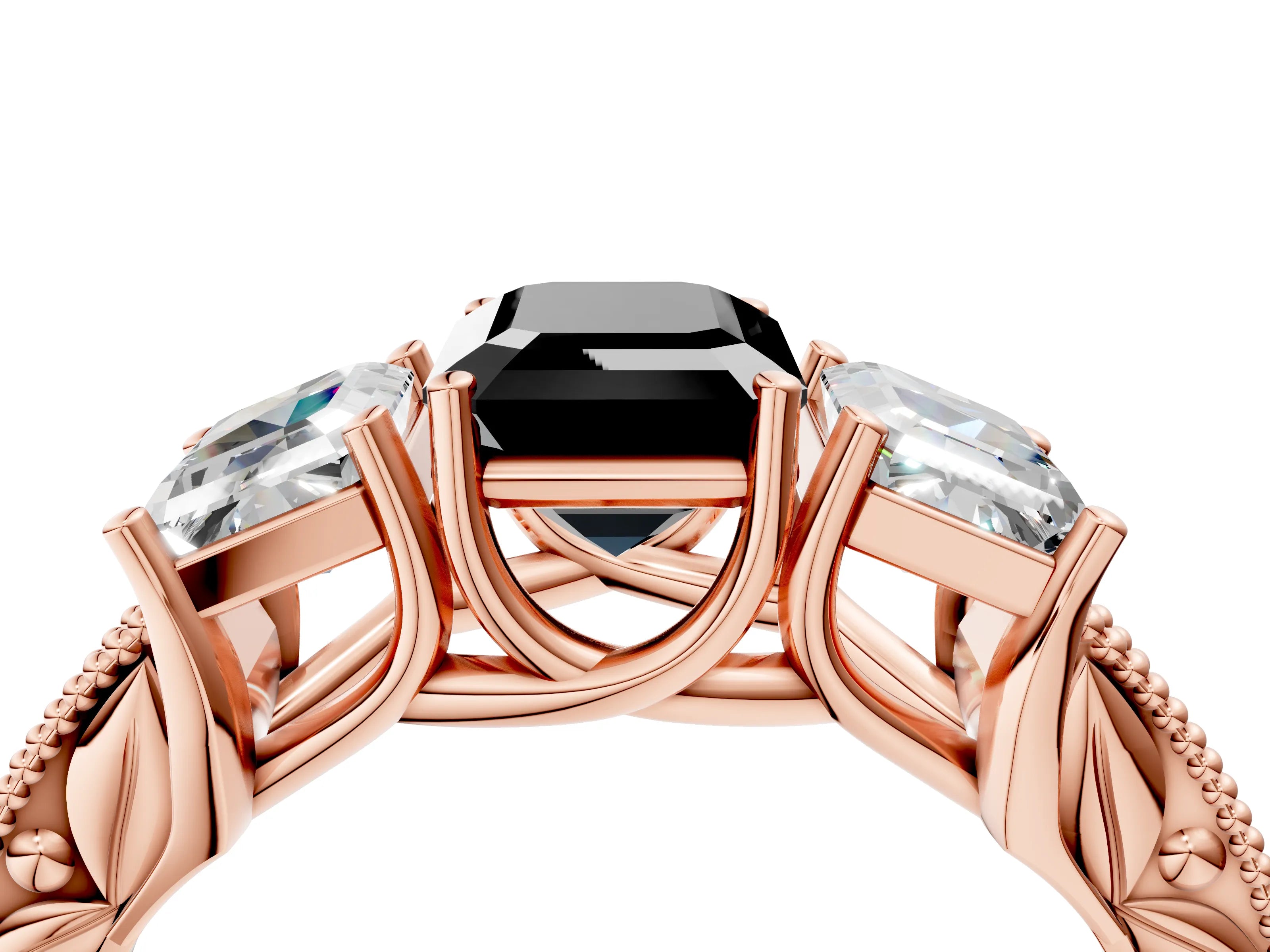 Rose gold Three-Stone Fancy Black Emerald Cut Cut Milgrain Pavé Engagement Ring_4