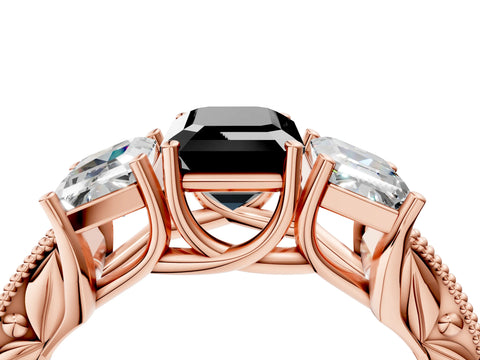 Rose gold Three-Stone Fancy Black Emerald Cut Cut Milgrain Pavé Engagement Ring_4