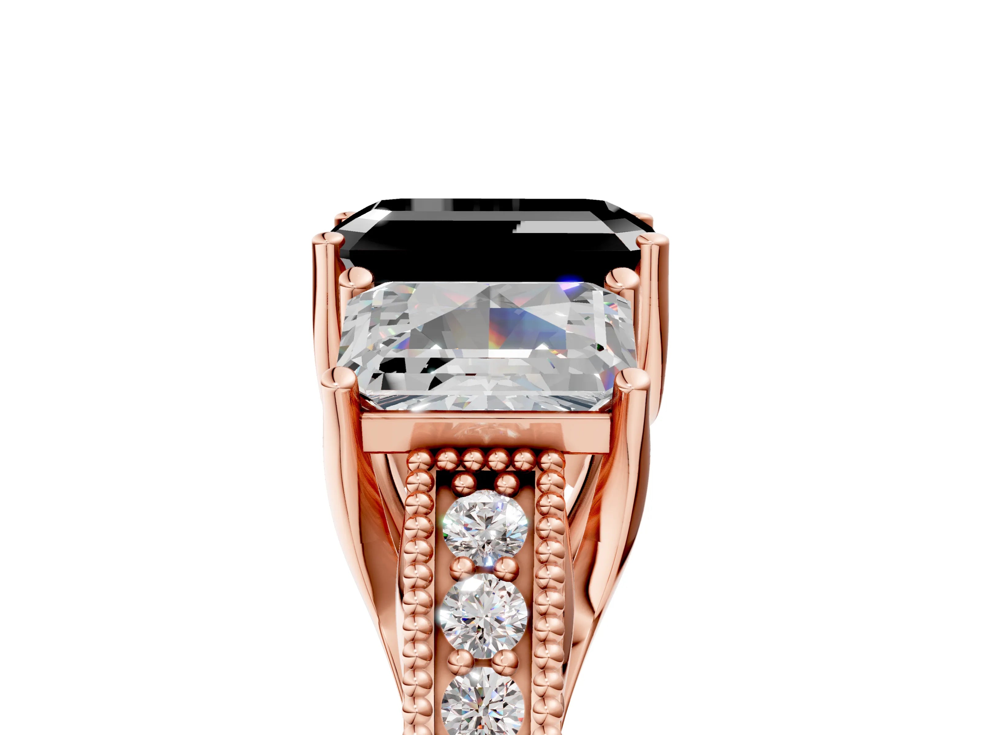 Rose gold Three-Stone Fancy Black Emerald Cut Cut Milgrain Pavé Engagement Ring_5