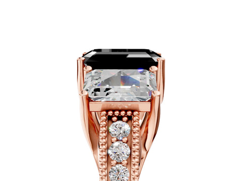 Rose gold Three-Stone Fancy Black Emerald Cut Cut Milgrain Pavé Engagement Ring_5
