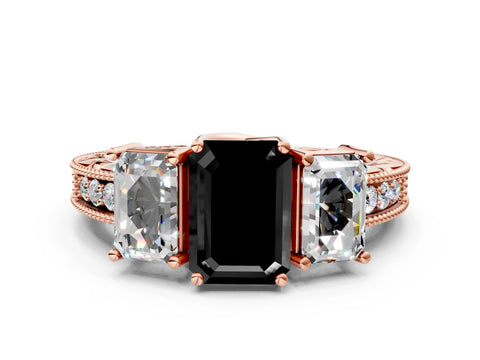 Rose gold Three-Stone Fancy Black Emerald Cut Cut Milgrain Pavé Engagement Ring