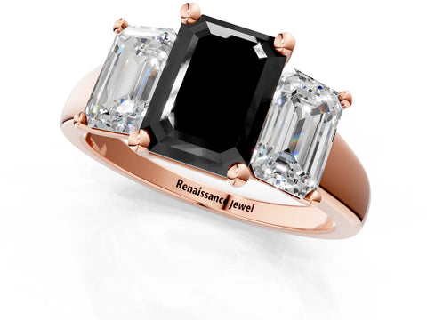 Rose gold Three-Stone Fancy Black Emerald Cut Cut Solitaire Ring with Classic Prong Setting_1