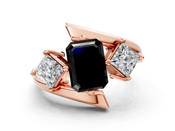 Rose gold Three-Stone Fancy Black Emerald Cut Cut Tension Band Ring with Four-Prong Setting