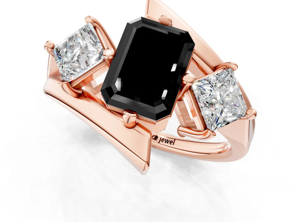 Rose gold Three-Stone Fancy Black Emerald Cut Cut Tension Band Ring with Four-Prong Setting