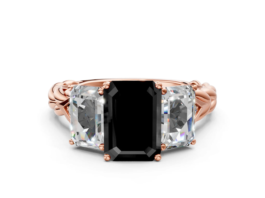 Rose gold Three-Stone Fancy Black Emerald Cut Diamond Braided Band Ring with Four-Prong Setting_60