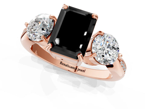 Rose gold Three-Stone Fancy Black Emerald Cut Diamond Channel Set Engagement Ring with Prong Setting_1