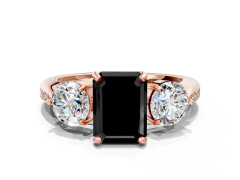 Rose gold Three-Stone Fancy Black Emerald Cut Diamond Channel Set Engagement Ring with Prong Setting