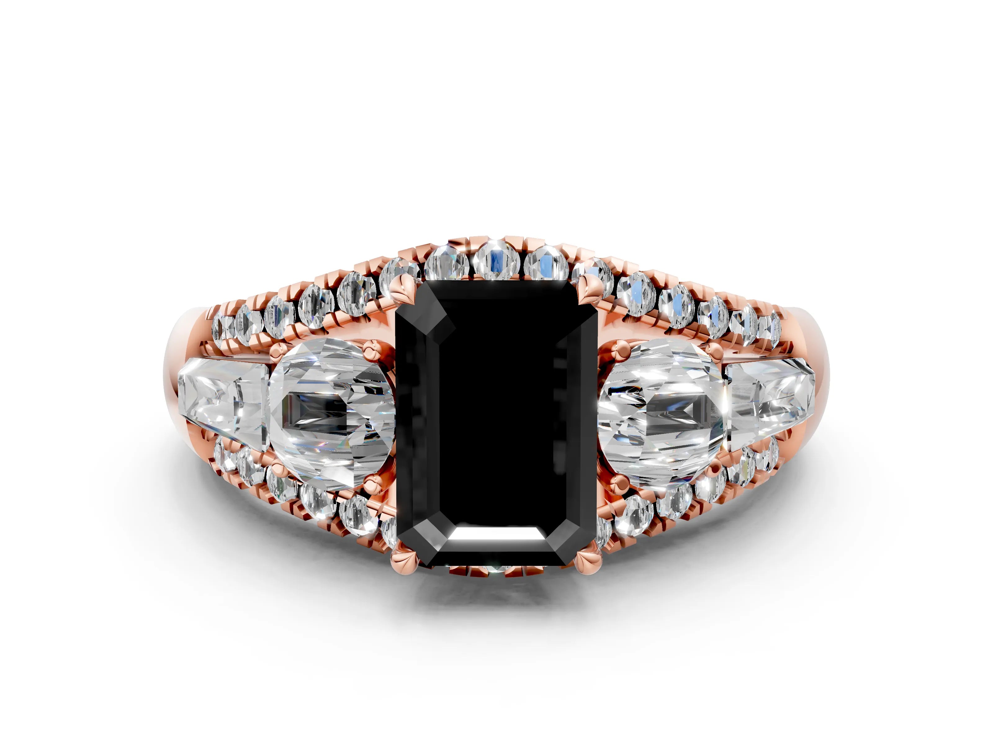 Rose gold Three-Stone Fancy Black Emerald Cut Diamond Engagement Ring with Pave Band and Prong Setting_12