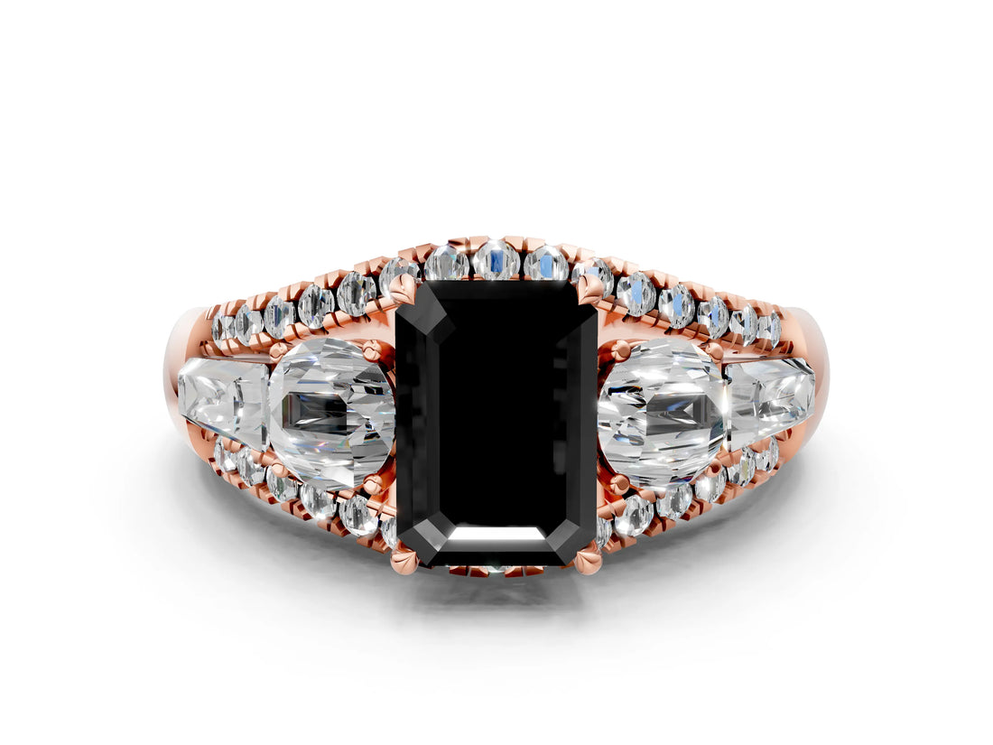 Rose gold Three-Stone Fancy Black Emerald Cut Diamond Engagement Ring with Pave Band and Prong Setting_12