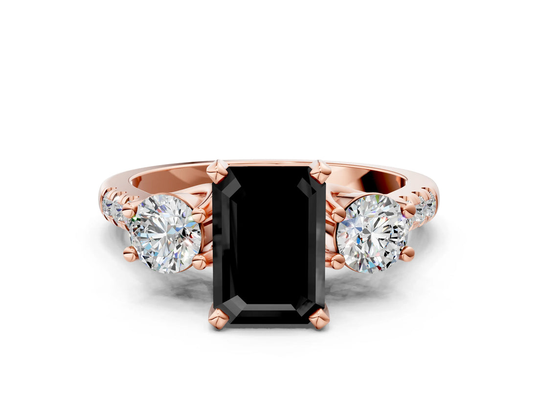 Rose gold Three-Stone Fancy Black Emerald Cut Diamond Pavé Band with Four-Prong Setting