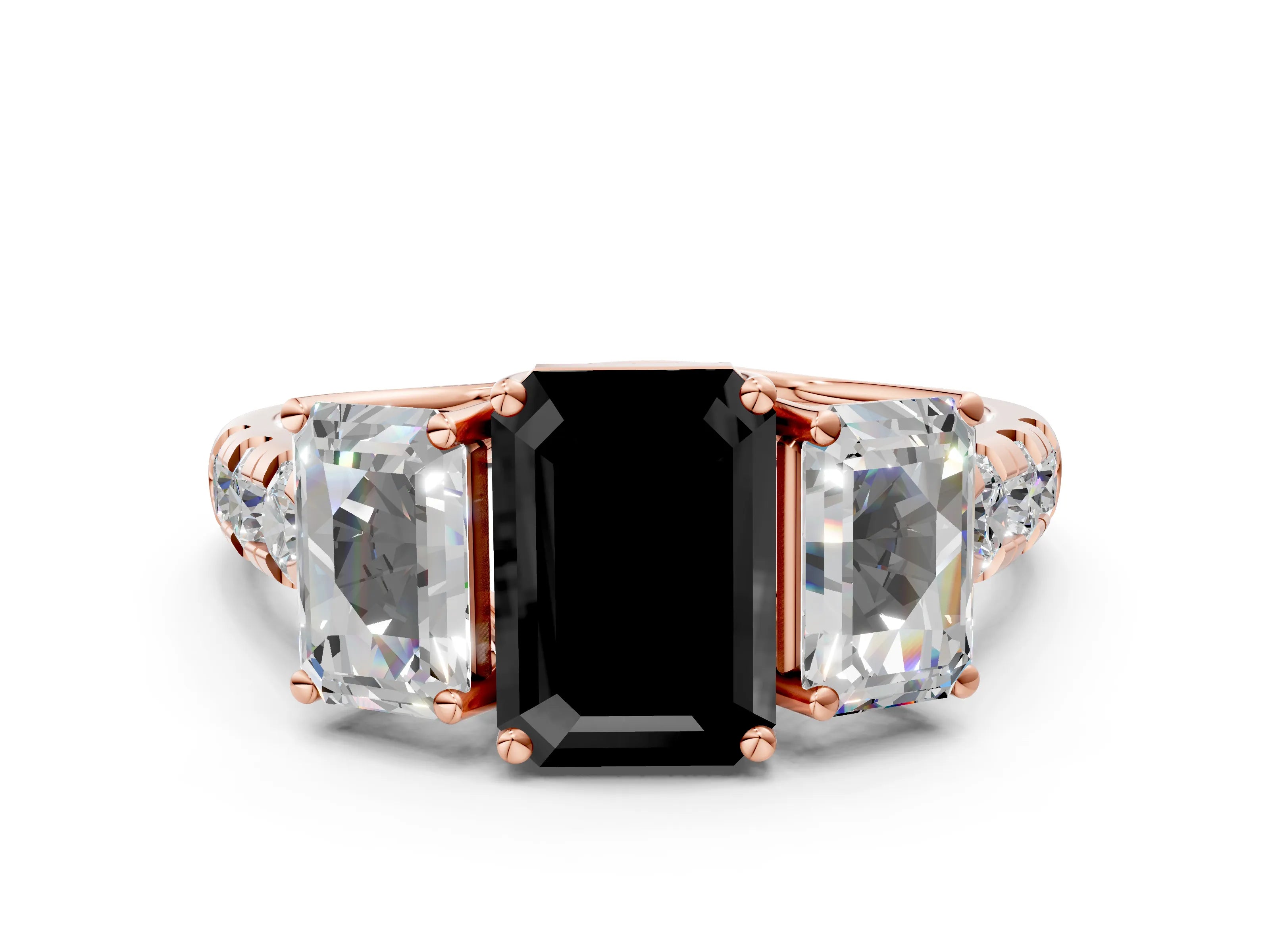 Rose gold Three-Stone Fancy Black Emerald Cut Diamond Pavé Band with Prong Setting