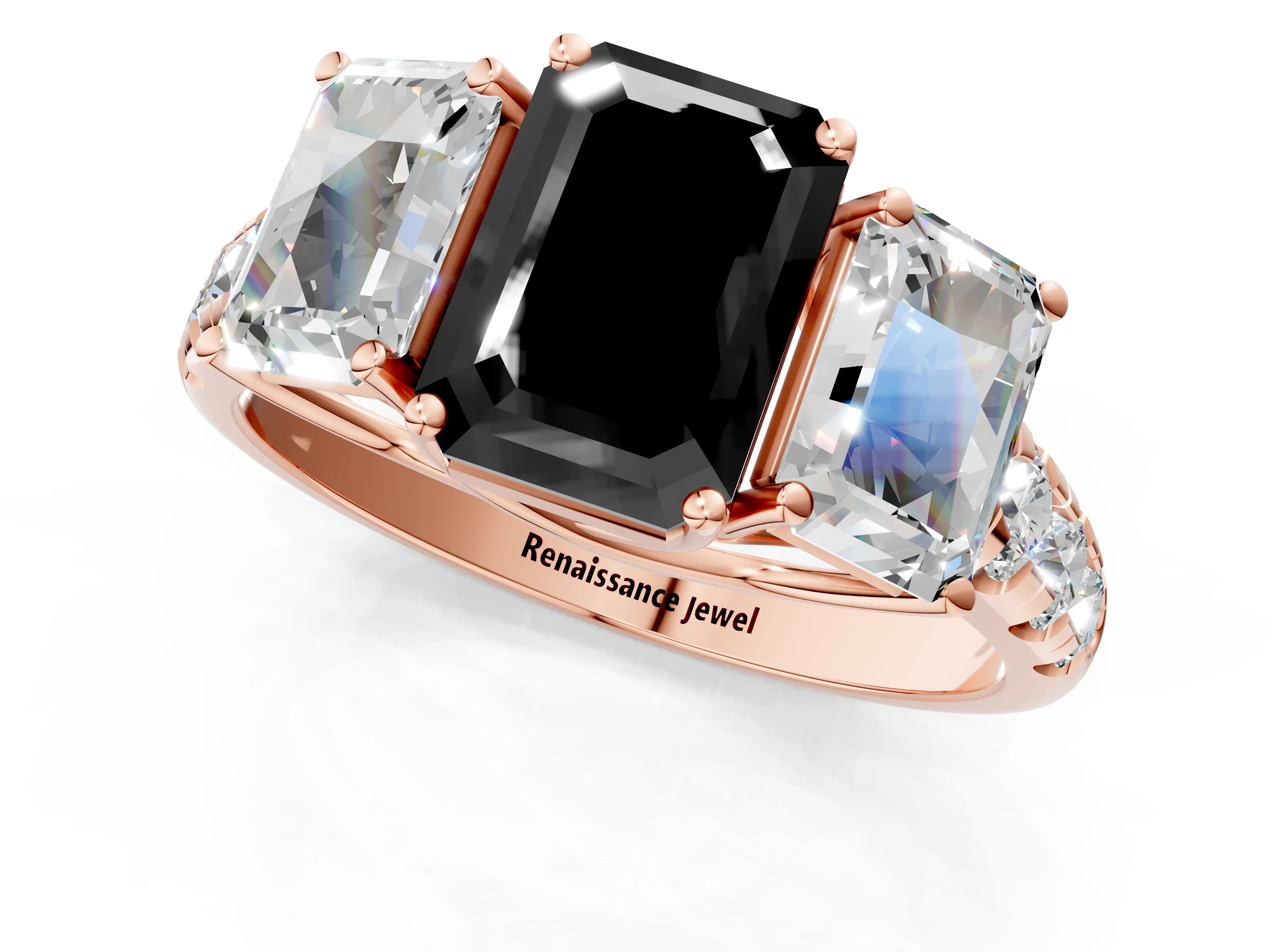 Rose gold Three-Stone Fancy Black Emerald Cut Diamond Pavé Band with Prong Setting_1