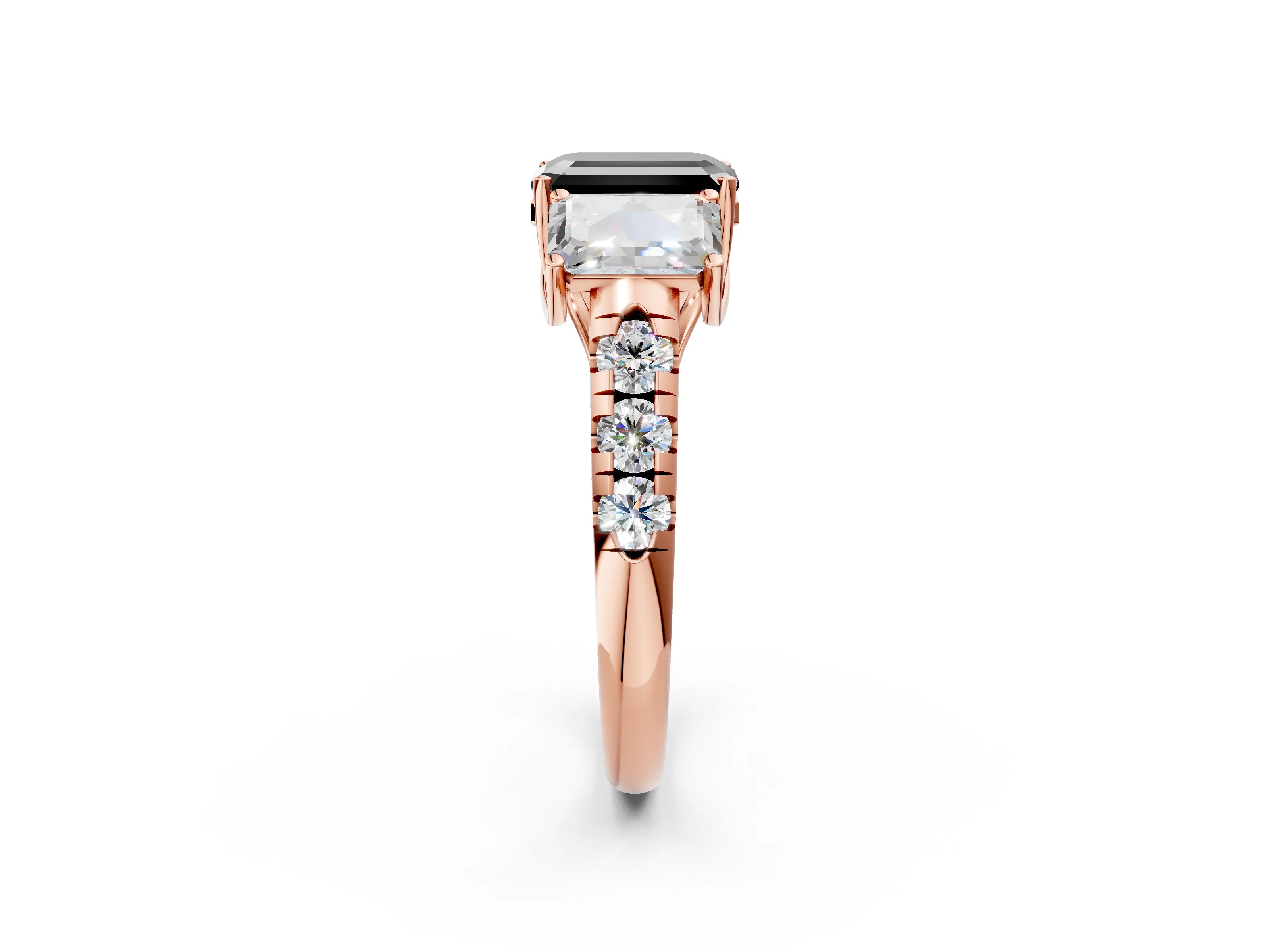 Rose gold Three-Stone Fancy Black Emerald Cut Diamond Pavé Band with Prong Setting_2