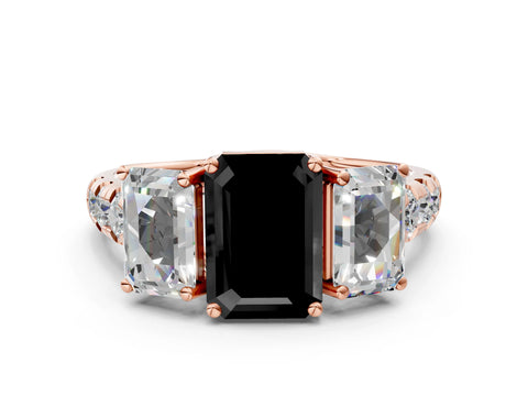 Rose gold Three-Stone Fancy Black Emerald Cut Diamond Pavé Band with Prong Setting