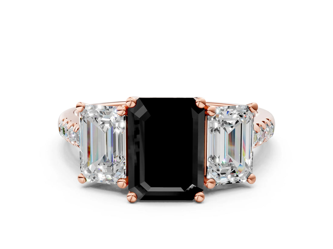 Rose gold Three-Stone Fancy Black Emerald Cut Diamond Ring with Pavé Band and Prong Setting_24