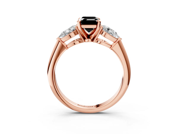 Rose Gold Emerald Cut Three Stone Engagement Ring Setting for Black Center with Pear Side Stones