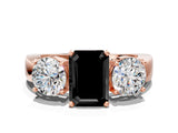 Rose gold Three-Stone Fancy Black Emerald Cut Diamond Ring with Round Side Stones, Classic Band, and Four-Prong Setting