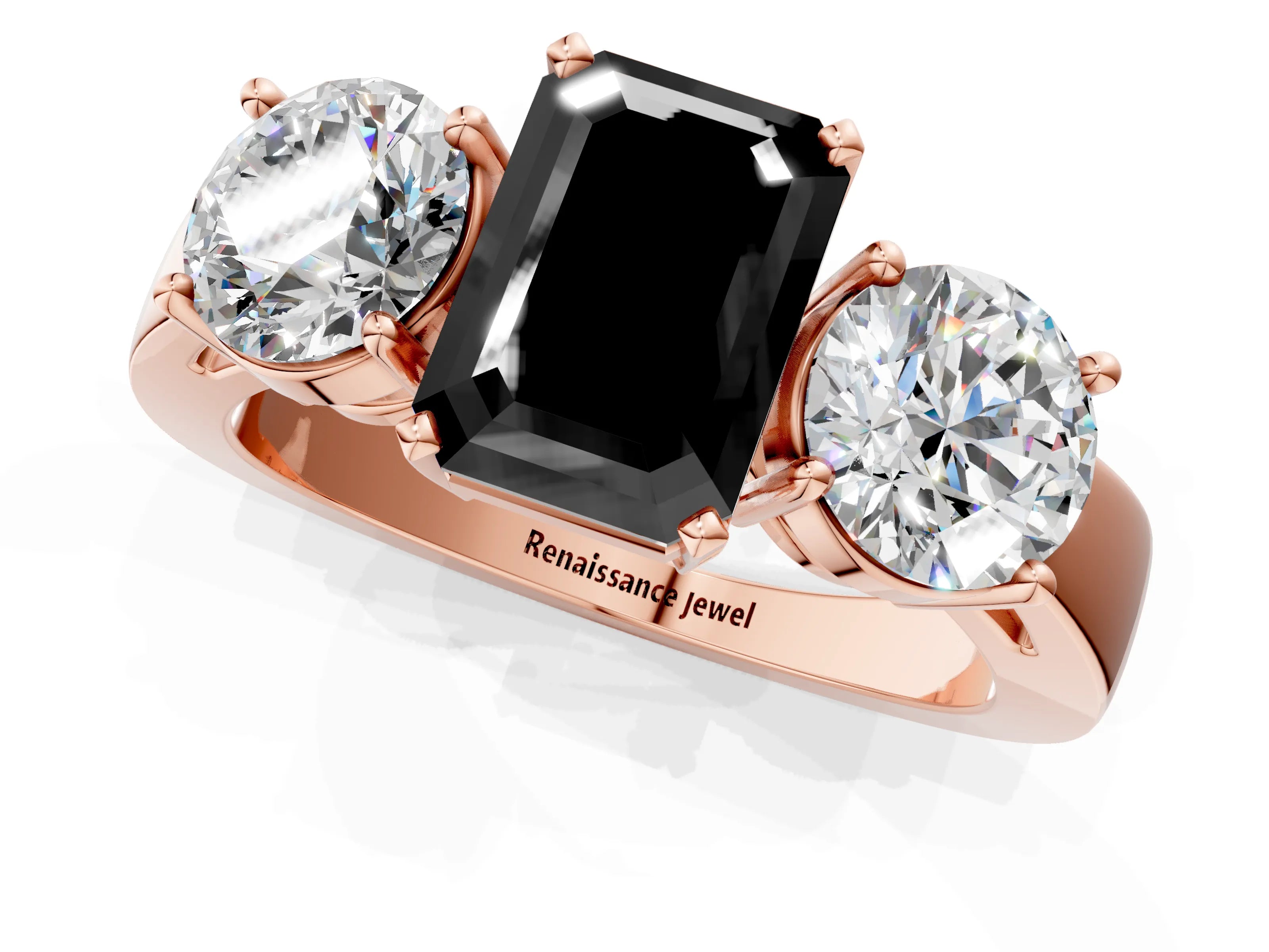Rose gold Three-Stone Fancy Black Emerald Cut Diamond Ring with Round Side Stones, Classic Band, and Four-Prong Setting_1