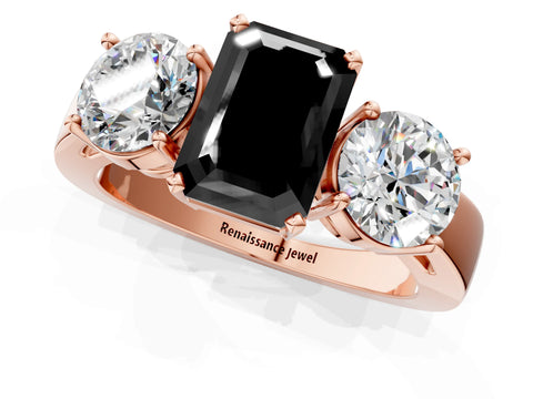 Rose gold Three-Stone Fancy Black Emerald Cut Diamond Ring with Round Side Stones, Classic Band, and Four-Prong Setting_1