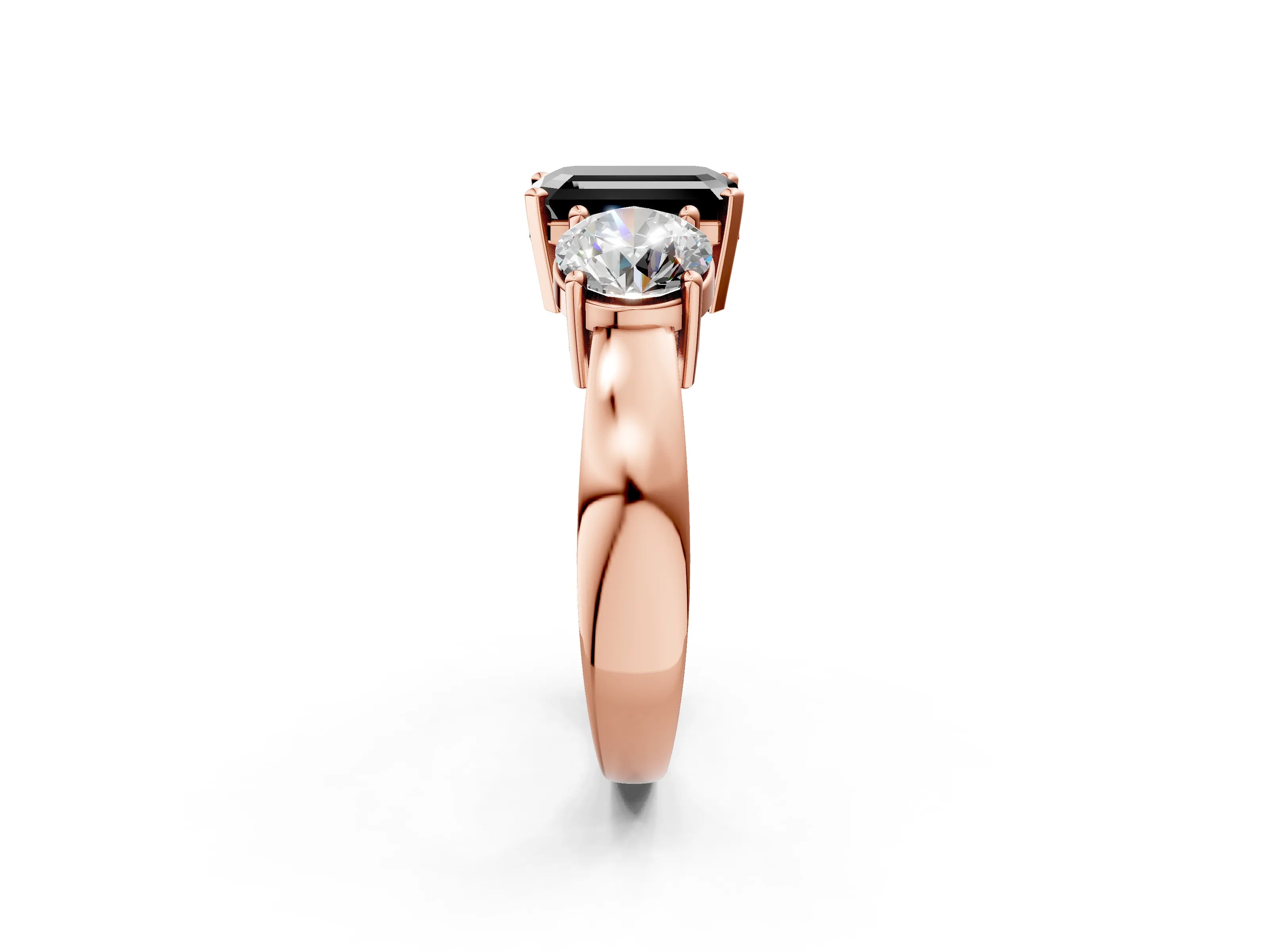 Rose gold Three-Stone Fancy Black Emerald Cut Diamond Ring with Round Side Stones, Classic Band, and Four-Prong Setting_2