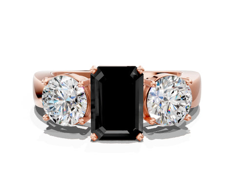 Rose gold Three-Stone Fancy Black Emerald Cut Diamond Ring with Round Side Stones, Classic Band, and Four-Prong Setting