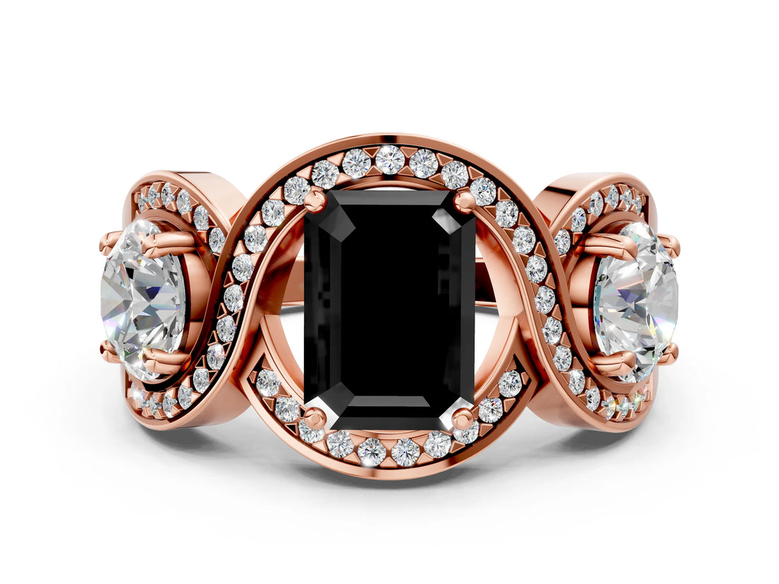 Rose gold Three-Stone Fancy Black Emerald Cut Diamond Wave Pave Band with Prong Setting