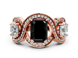 Rose gold Three-Stone Fancy Black Emerald Cut Diamond Wave Pave Band with Prong Setting