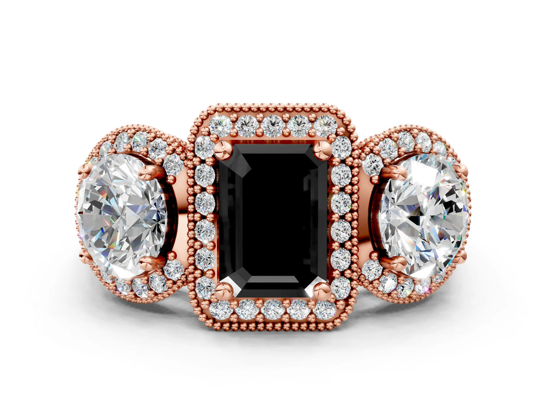 Rose gold Three-Stone Fancy Black Emerald Cut Halo Diamond Milgrain Band with Four-Prong Setting