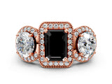 Rose gold Three-Stone Fancy Black Emerald Cut Halo Diamond Milgrain Band with Four-Prong Setting