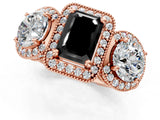 Rose gold Three-Stone Fancy Black Emerald Cut Halo Diamond Milgrain Band with Four-Prong Setting_1