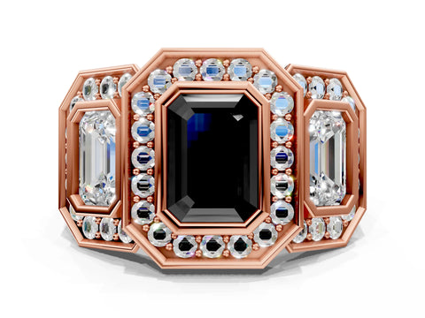 Rose gold Three-Stone Fancy Black Emerald Cut Halo Pavé Diamond Ring_12