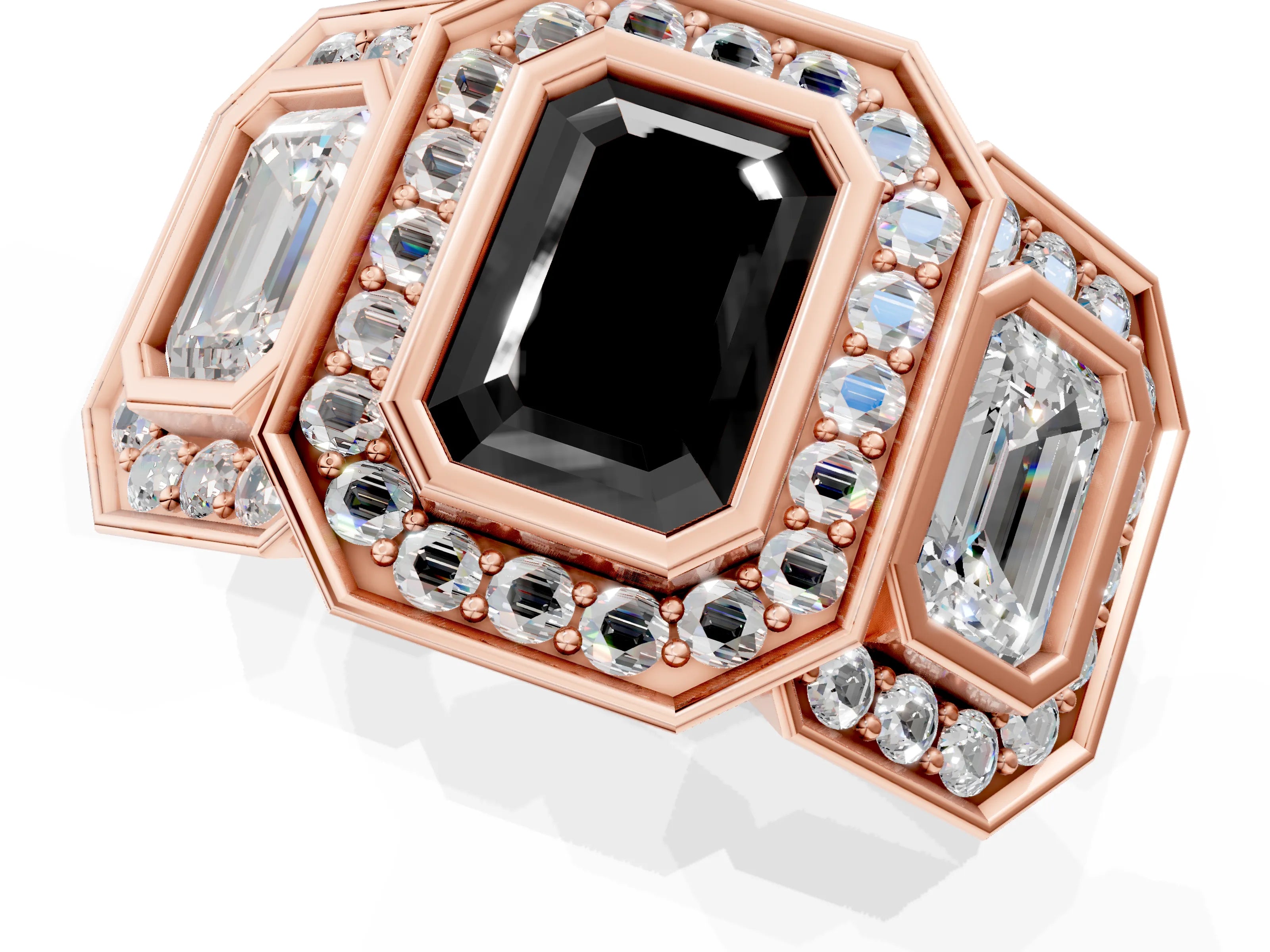 Rose gold Three-Stone Fancy Black Emerald Cut Halo Pavé Diamond Ring_13