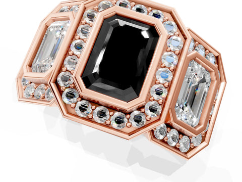 Rose gold Three-Stone Fancy Black Emerald Cut Halo Pavé Diamond Ring_13