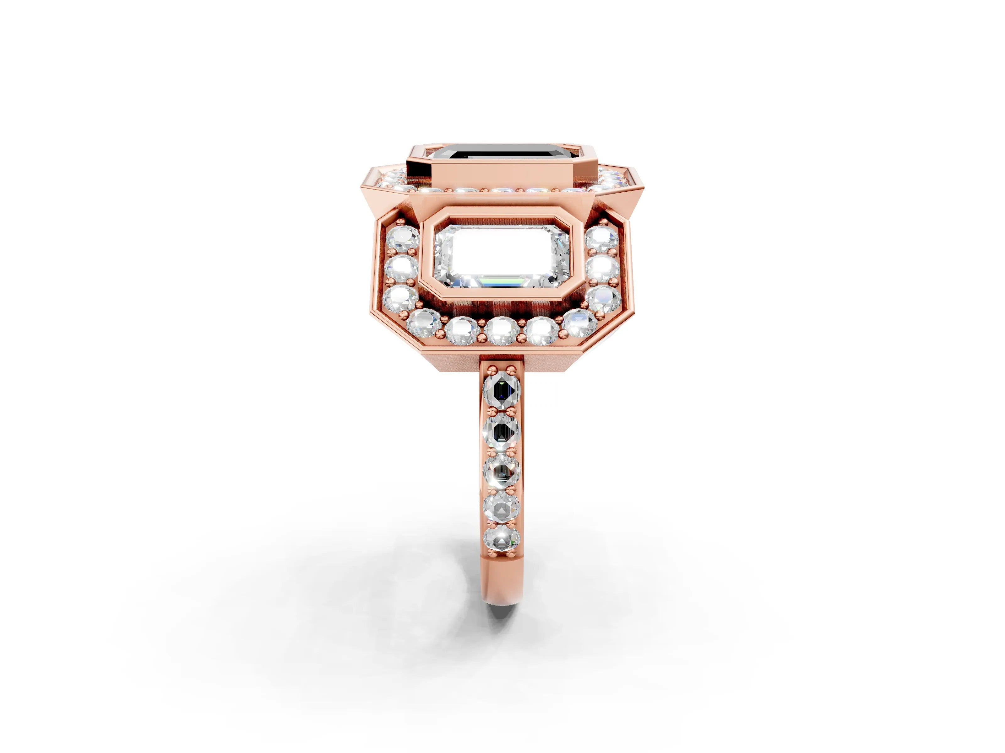 Rose gold Three-Stone Fancy Black Emerald Cut Halo Pavé Diamond Ring_14