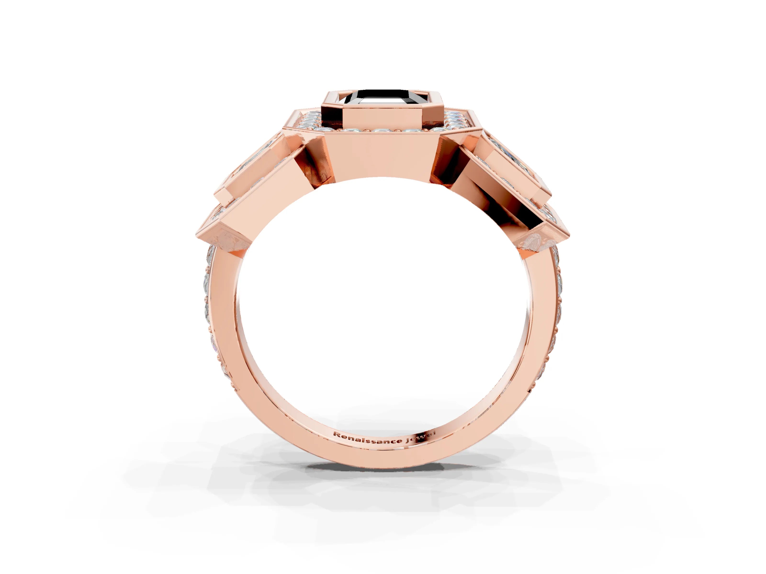 Rose gold Three-Stone Fancy Black Emerald Cut Halo Pavé Diamond Ring_15