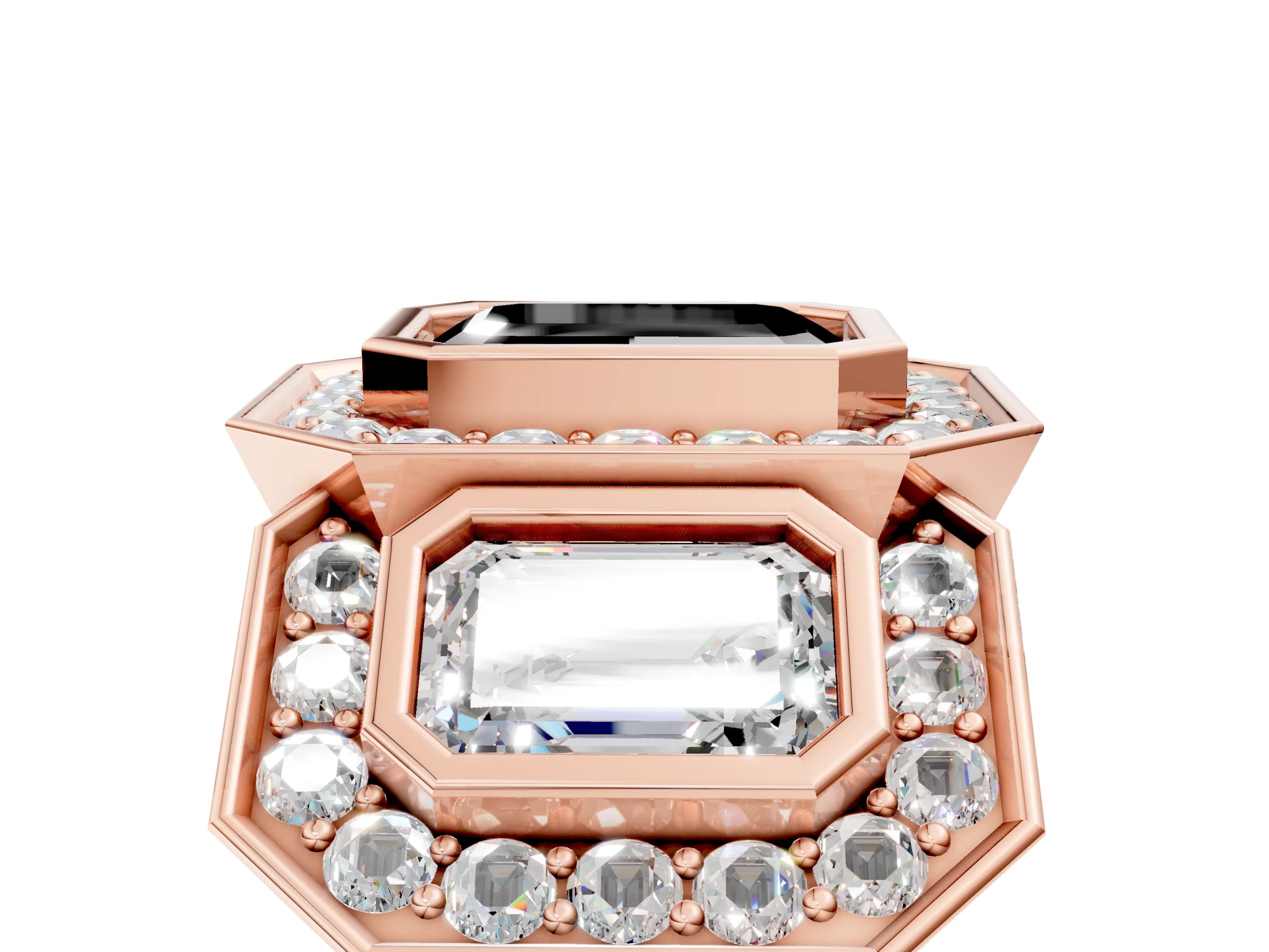 Rose gold Three-Stone Fancy Black Emerald Cut Halo Pavé Diamond Ring_17