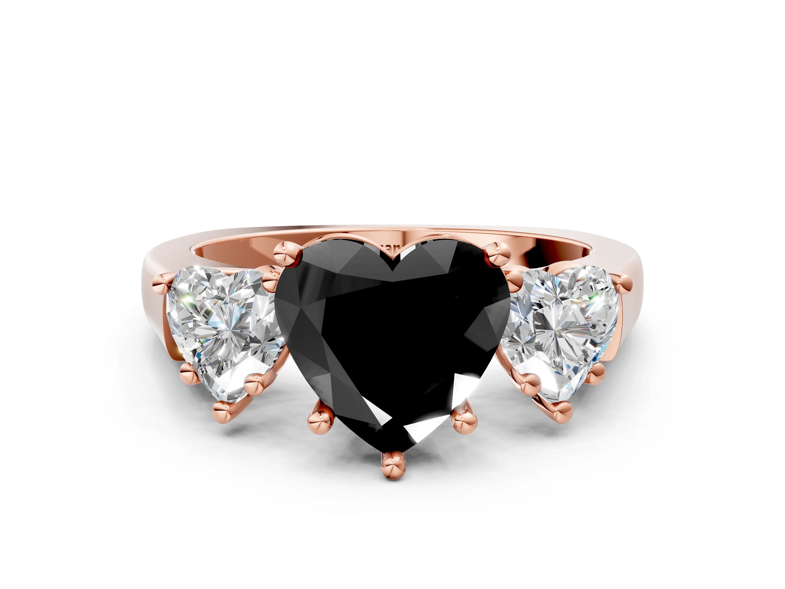 Rose gold Three-Stone Fancy Black Heart Cut Brilliant Diamond Trellis Ring with Comfort Fit Band