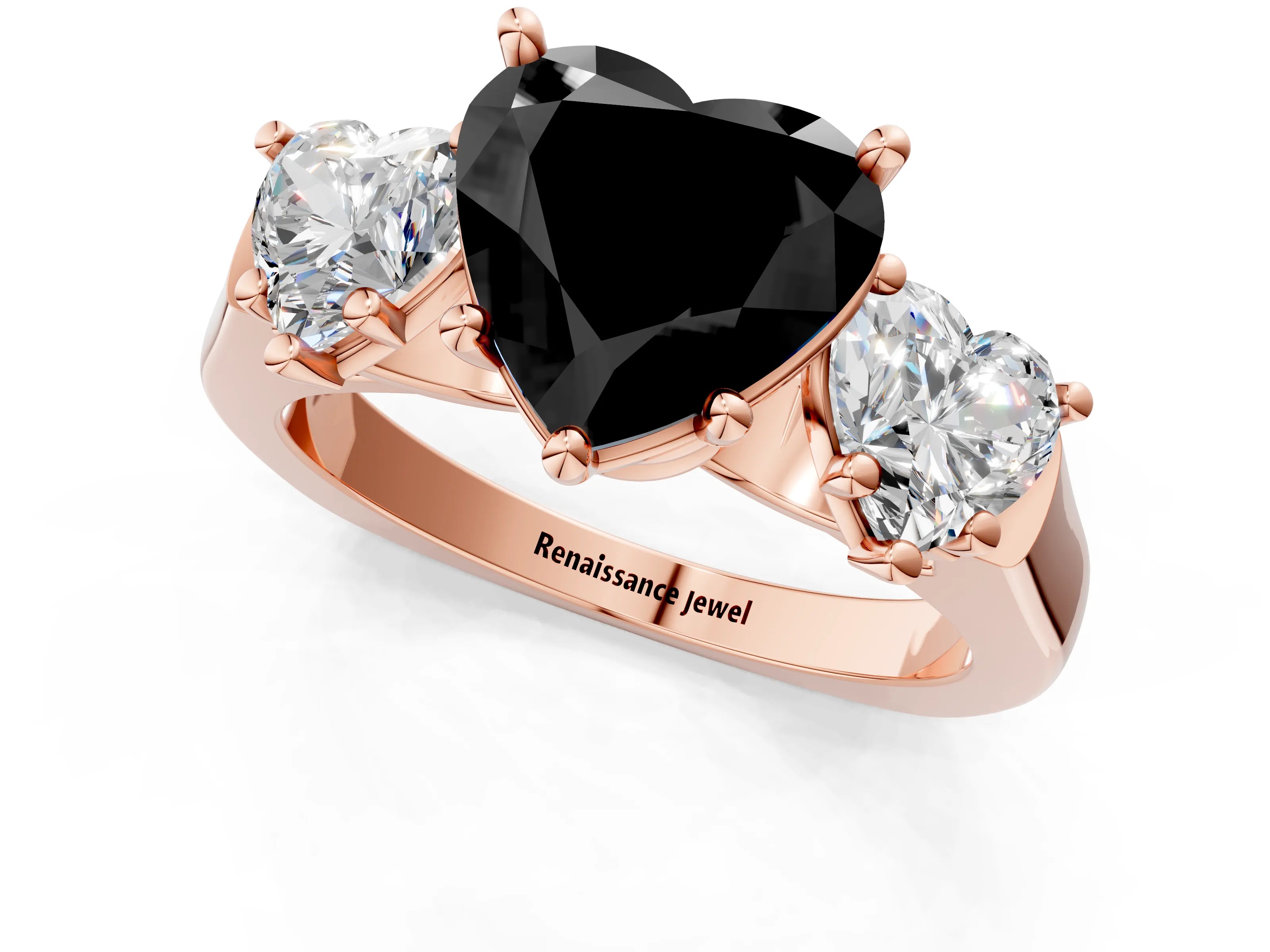 Rose gold Three-Stone Fancy Black Heart Cut Brilliant Diamond Trellis Ring with Comfort Fit Band_1
