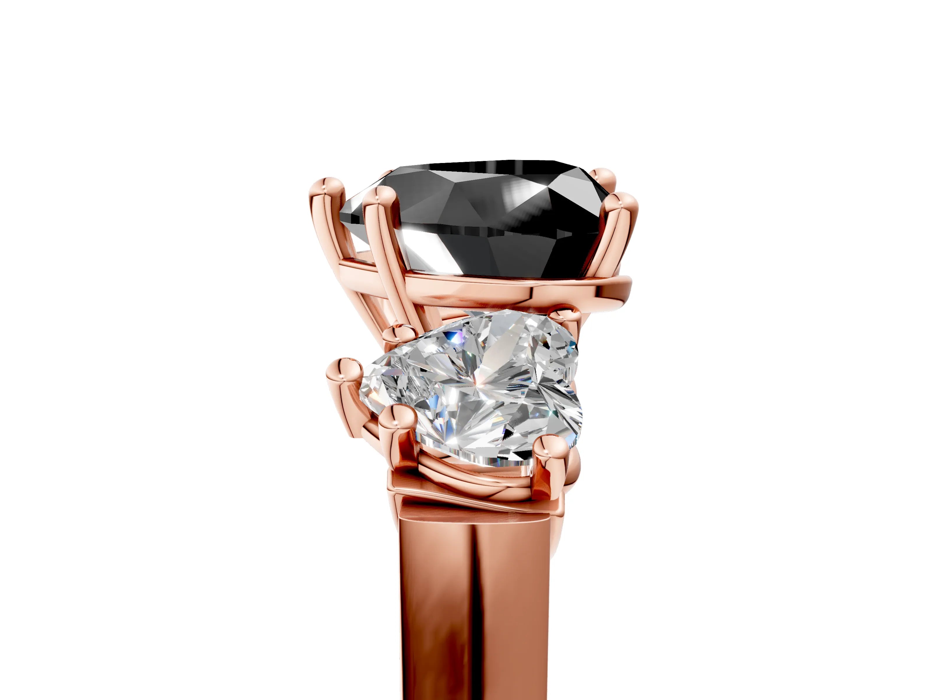 Rose gold Three-Stone Fancy Black Heart Cut Brilliant Diamond Trellis Ring with Comfort Fit Band_5