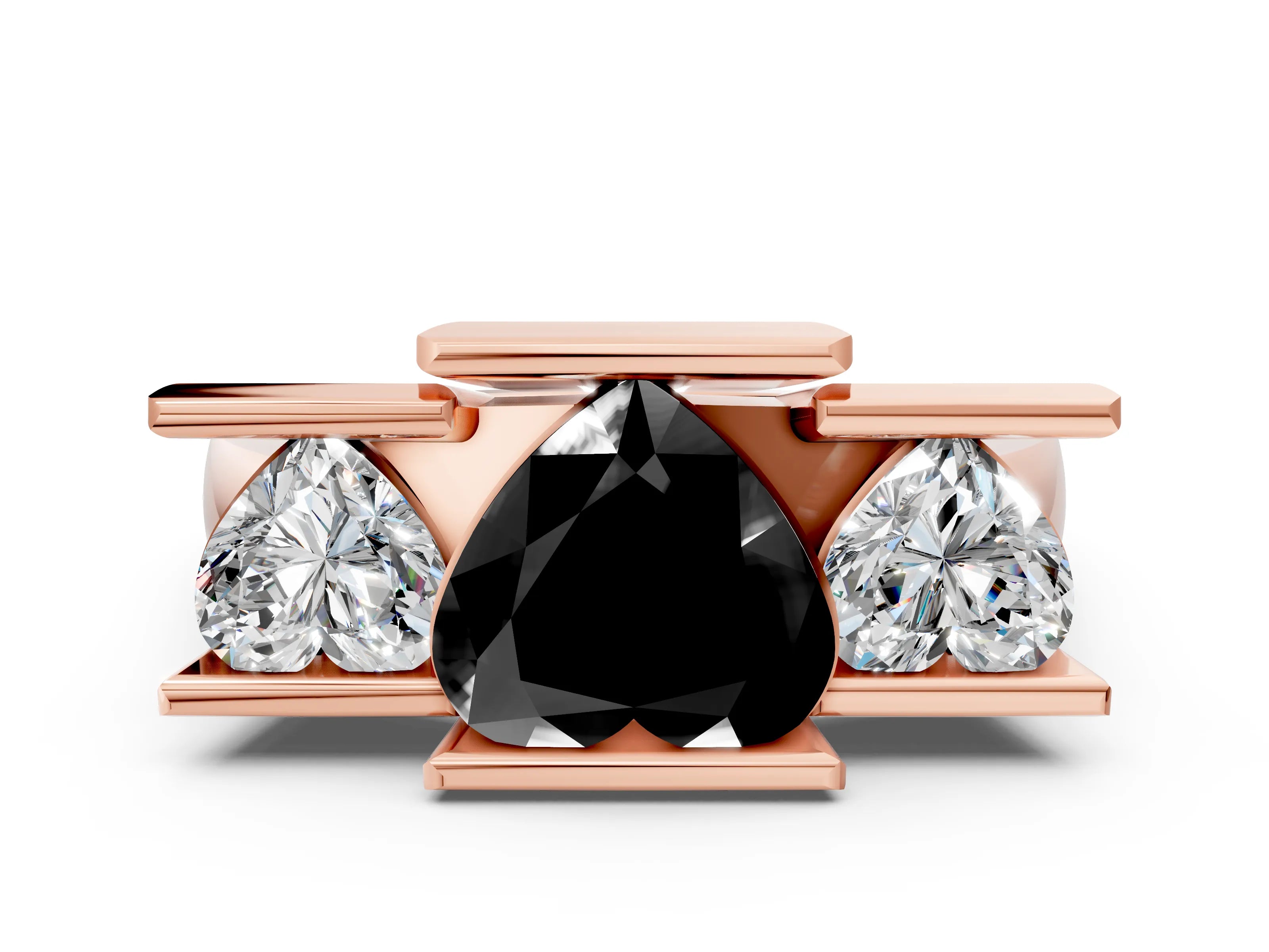 Rose gold Three Stone Fancy Black Heart Cut Cut Channel Set Diamond Ring