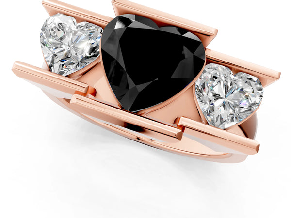 Rose Gold Heart-Shaped Channel Set Three Stone Engagement Ring Setting for Black Center