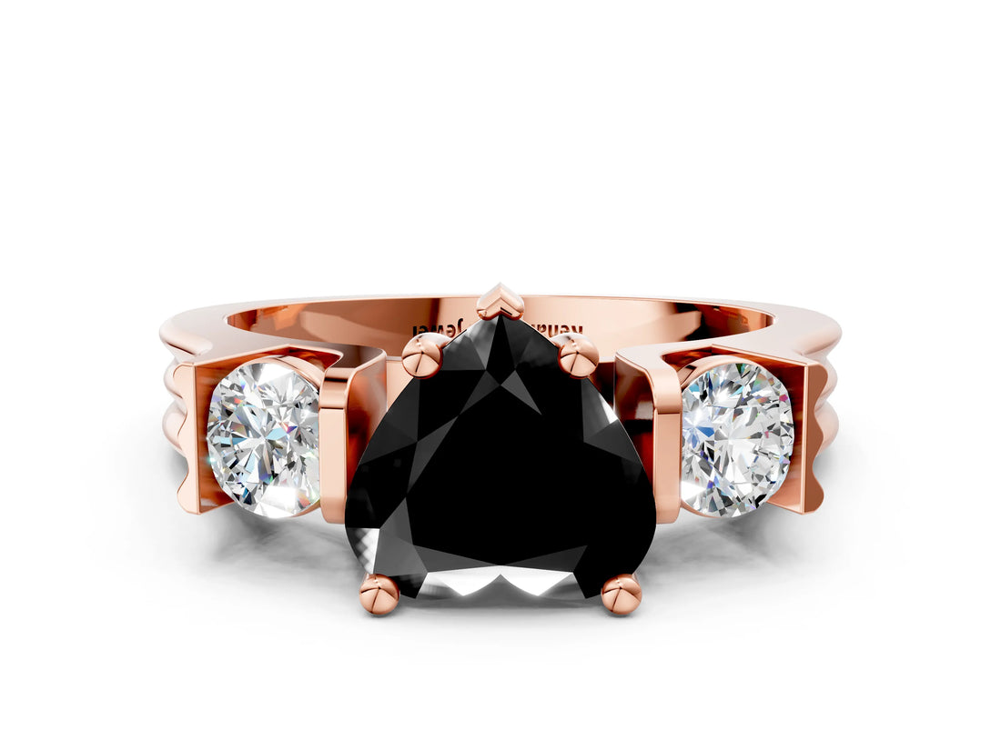 Rose gold Three-Stone Fancy Black Heart Cut Cut Classic Band Prong Setting Ring