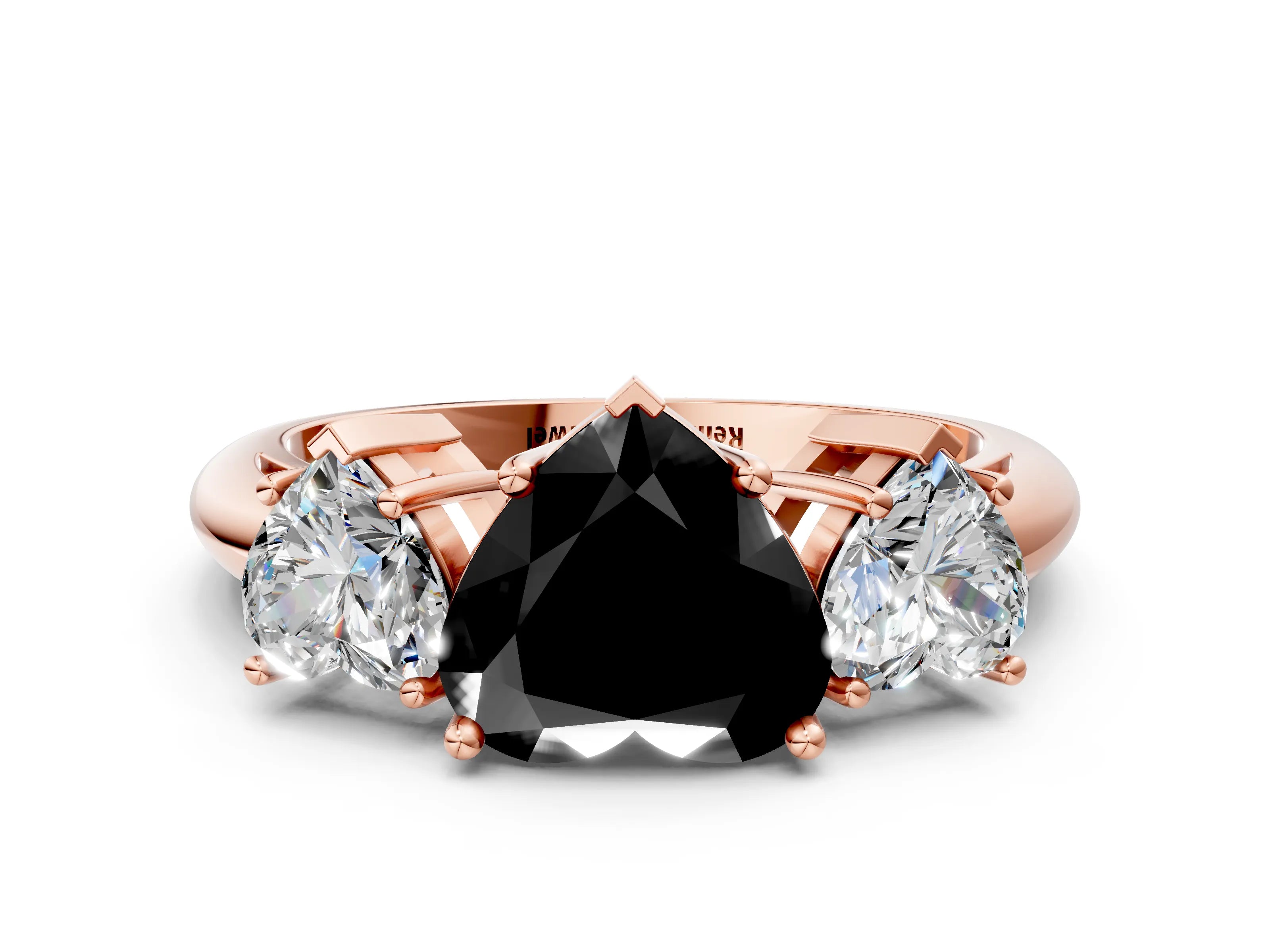 Rose gold Three-Stone Fancy Black Heart Cut Cut Diamond Engagement Ring with Prong Setting on a White Gold Band