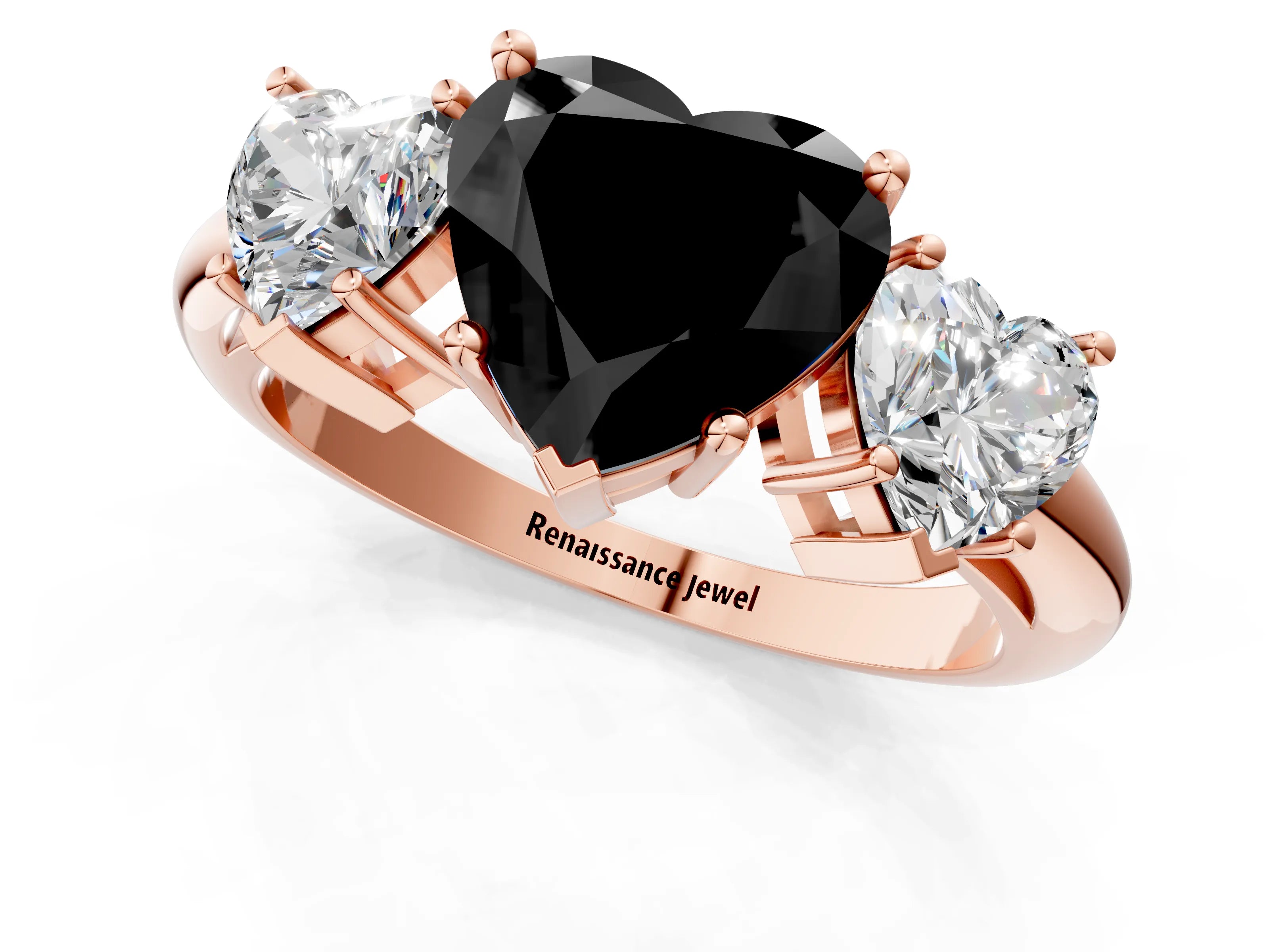 Rose gold Three-Stone Fancy Black Heart Cut Cut Diamond Engagement Ring with Prong Setting on a White Gold Band_1