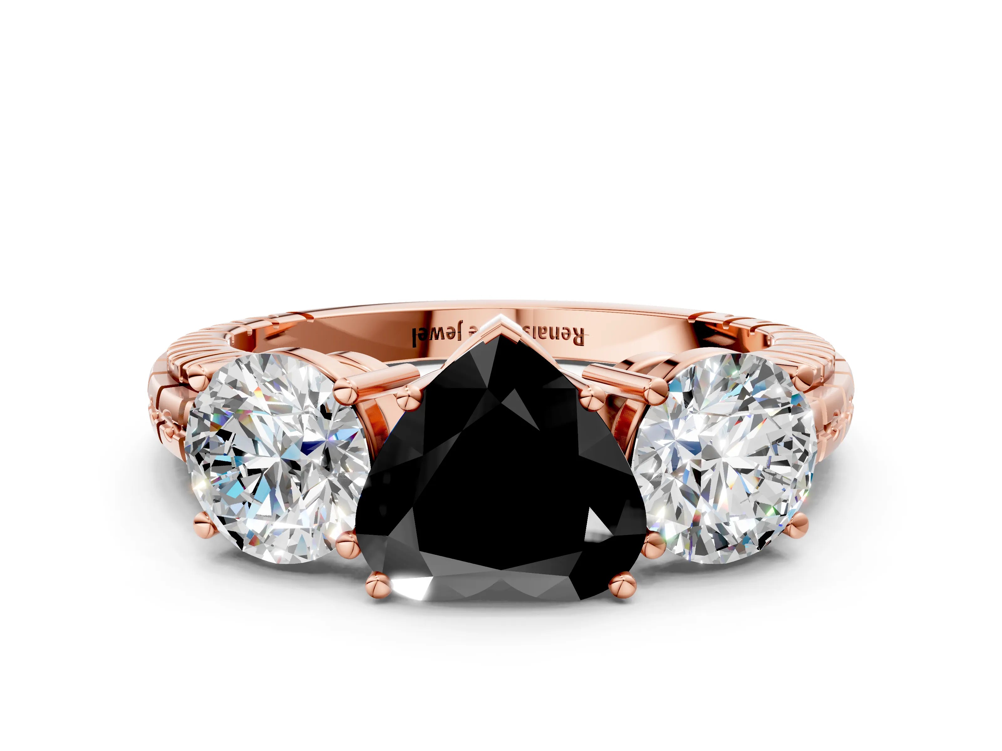 Rose gold Three-Stone Fancy Black Heart Cut Cut Diamond Ring with Channel-Set Band and Prong Setting