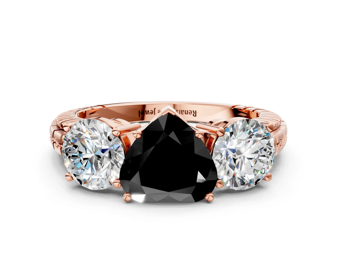 Rose gold Three-Stone Fancy Black Heart Cut Cut Diamond Ring with Channel-Set Band and Prong Setting